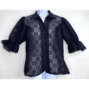 Vintage Pitchfork Brand Women's Black Lace Puff Sleeve Shirt Size Medium
